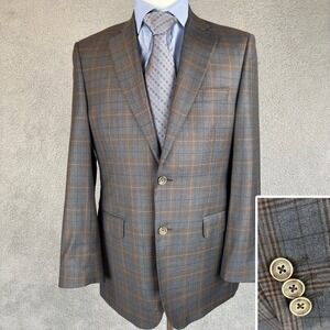 G. Manzoni Blazer Mens 38R Glen Plaid Brown Blue Reda Wool Fabric 2 Button Italy